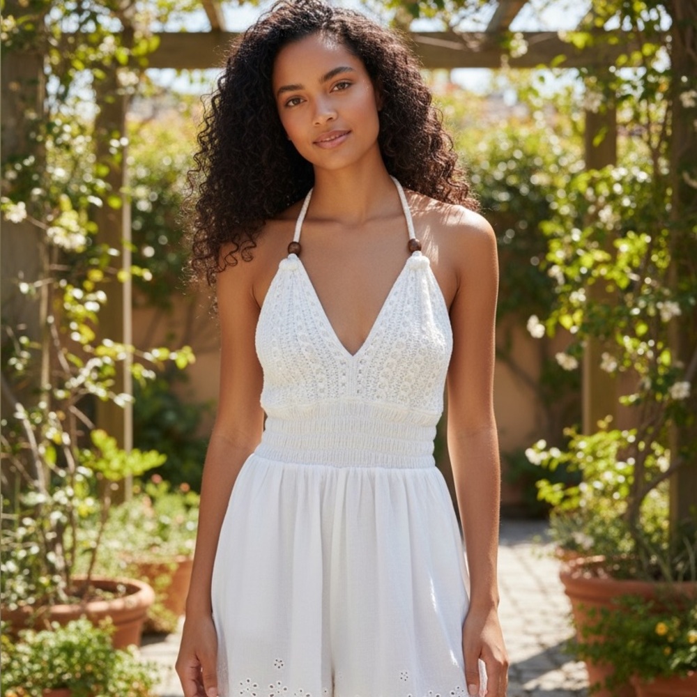 Cotton Natural White Backless Halter Maxi Dress Size M